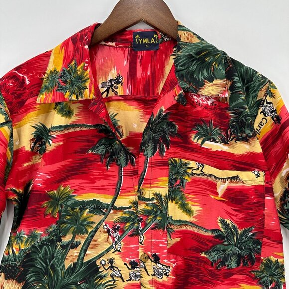 YMLA Shirt Mens Button Down Short Sleeve Hawaiian Caribbean Palms Red Green S - Picture 4 of 11